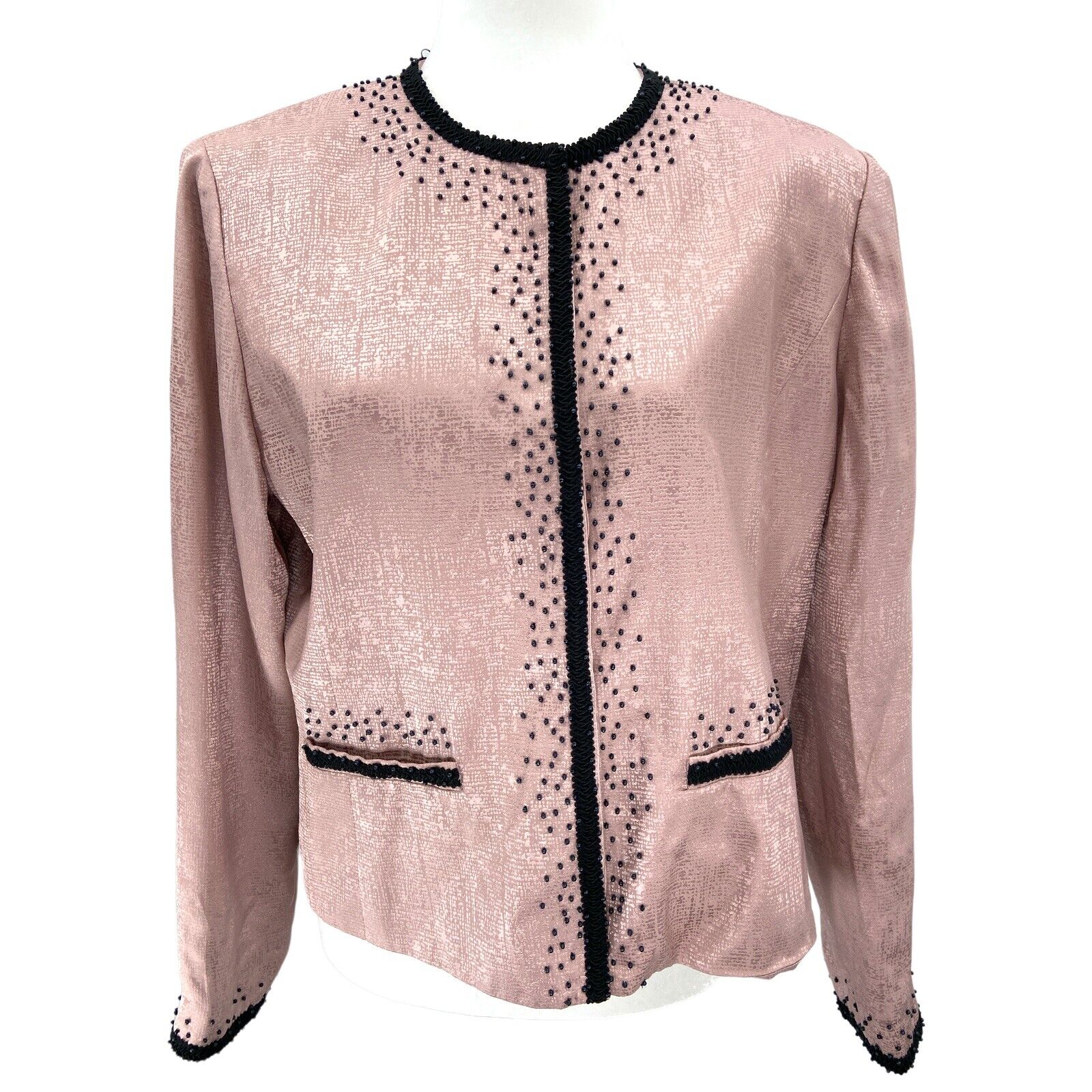 Adrianna Papell Women's 14 100% Silk Beaded Pink Cardigan Jacket Shoulder Pads